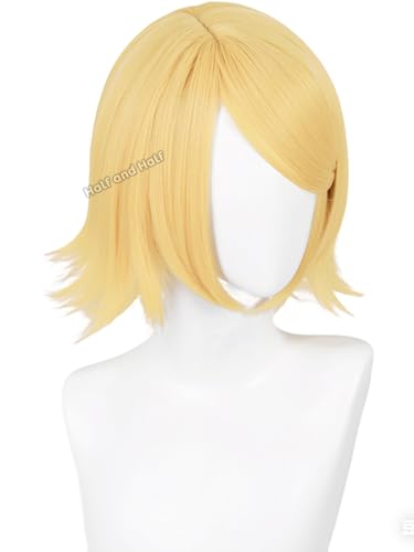Image of Half and Half Short Blonde Side Part Anime Cosplay Wig Blonde Virtual Singer Costume Wigs Women's Light Golden Layered Hair Wig for Female Halloween Party Daily