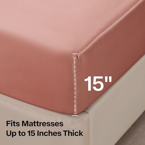 BEDELITE Satin Fitted Sheet and Pillowcases Set, Luxury Soft Similar to Silk Bottom Bed Sheet with Elastic Corner Straps, Deep Pocket up to 15 Inch, 1 Fitted Sheet and 2 Pillowcases(Full, Rose Pink)