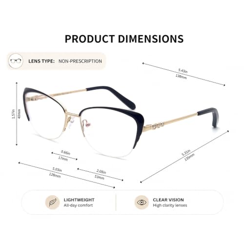 FERAVIA Cat Eye Glasses Frame Clear Lenses Lightweight Eyewear for Women Classic Half Frames Eyeglasses Non Prescription Black Gold Glasses Frame Women Fashion - image 3