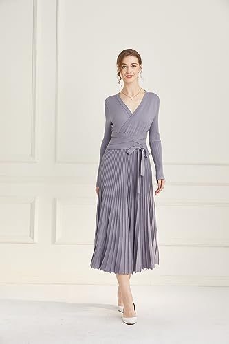 Image of Women's Long Knit Crewneck Sweater Dress Tie Waist A-Line Swing Pleated Bodycon