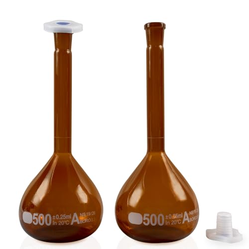 PEKYBIO 500ML Amber Volumetric Flask Set|ASTM Class A 3.3 Borosilicate Glass|Polypropylene Stopper|White Graduation|for Analytical Chemistry Work|2PCS