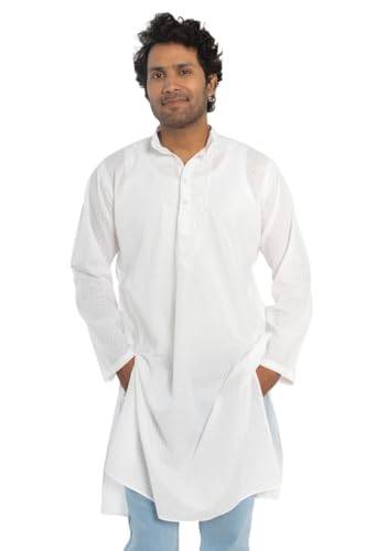 Indian Asian Unisex White Cotton Chikankari Kurta | Party Festive Ethnic Wear | Traditional Kaftan Split Shirt3