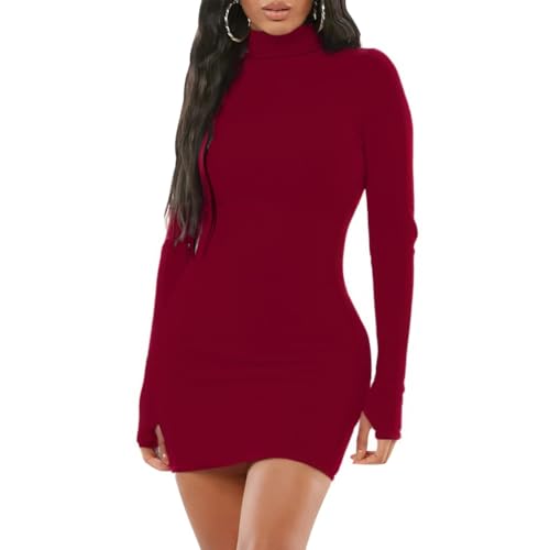 Yajedo Cocktail Dresses for Women 2027 Fall Fashion Bodycon Long Sleeve High Neck Party Club Going Out Mini Dress Burgundy