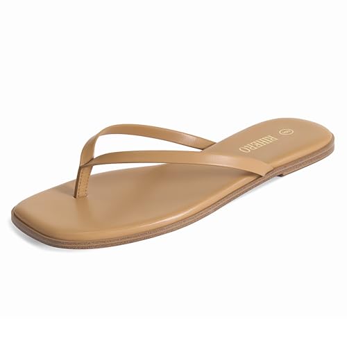 Image of Rihero Flip Flops for Women Comfortable Square Toe Beach Sandals Slip On Leather Thong Flat Sandals Dressy