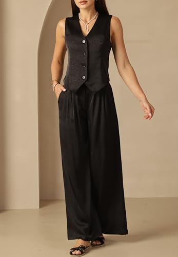 Women's 2 Piece Sets Textured Silky Outfits Vest Waistcoat Dress Casual Wide Leg Pant Suits3