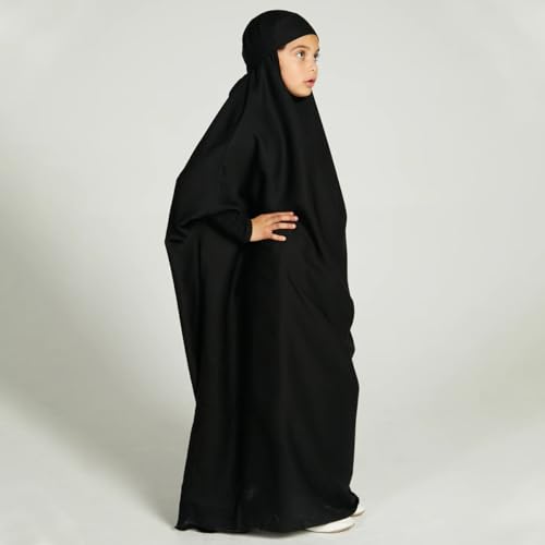 Odasdo Muslim Girl Dress, One-Piece Abaya For Girls Kids Islamic Kaftan Ramadan Prayer Long Robe Hoodied Hijab Middle East Dubai Eid Clothes Full-Length Long Sleeve Gown Casual Formal Party Black 12-13Y thumb #3