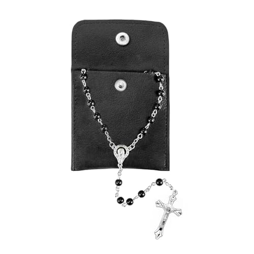LIULINY Juego de 1 Pieza Rosario Católico, Collar de Rosario de Comunión con Bolsa de Regalo de Terciopelo, Cuentas de Oración de Cruz de Jesús, para Bautizo, Comunión, Boda, Fiesta (Negro)