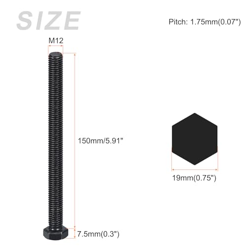 Image of METALLIXITY Hex Bolts (M12-1.75x150mm) 4Pcs, 8.8 Grade Carbon Steel Fully Threaded Black Oxide, Coarse Thread UNC Hex Head Screw Bolt - for Furniture Repair