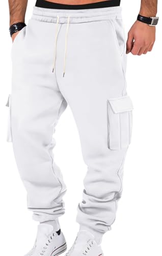 WINKEEY Jogginghose Herren Trainingshose Sporthose Lang Casual Freizeithose mit Taschen Elastische Taille mit Kordelzug Sweatpants,Weiß L