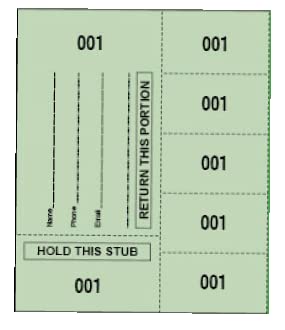 500 Chinese Auction Tickets - Starting at Number 001- “Buyer's Name, Email & Phone. Choose from 5 Colors and 5,10,15, 20 or 25 bid Numbers Current Selection: (5 bid Numbers per Sheet, Green)
