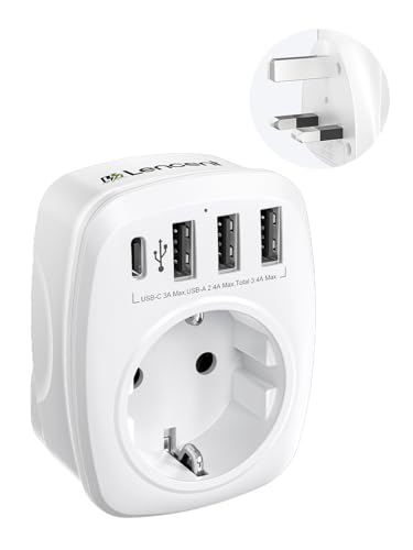 LENCENT Adaptador Enchufe UK, para Viaje [3 Puertos USB+1 Tipo C], Europa español 2 Pin a 3 Pin Gran Bretaña para Inglaterra, Escocia, Irlanda, Gales, Maldivas (Tipo G)