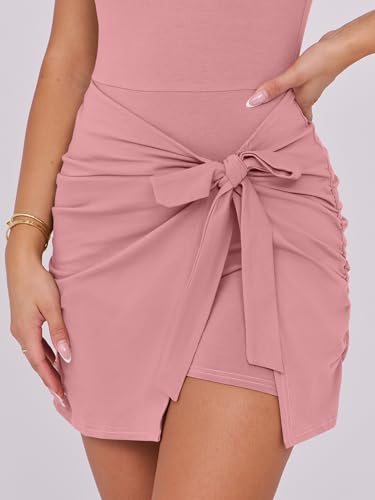 Image of Caracilia Women Summer Sleeveless Bodycon Tie Cinched Waist Romper Skort Mini Dress Built in Shorts Night Out Vacation Dress