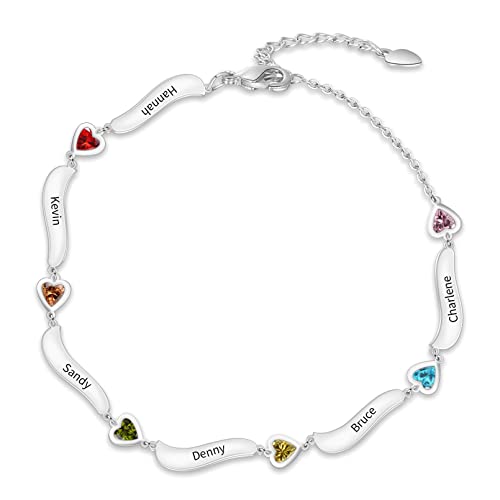 MissNaNa Personalized Mothers Heart Birthstone Bracelets for Women Custom 1-7 Names Bracelets Anklet Adjustable Family Bracelets Christmas Gifts for Grandma Mother's Day Jewelry