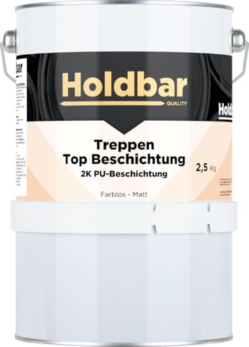 Holdbar Treppen Top Beschichtung Matt 2,5 kg - Treppenlack - Transparent - 2 komponenten Deckbeschichtung - Abriebfest - Innen- und Außeneinsatz - Auf Holz und Beton Holdbar Treppen Top Beschichtung Matt 2,5 kg - Treppenlack - Transparent - 2 komponenten Deckbeschichtung - Abriebfest - Innen- und Außeneinsatz - Auf Holz und Beton