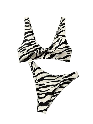 GORGLITTER Women's Zebra Striped Swimsuit 2 Piece Twist Front High Cut Hipster Bikini Bathing Suit
