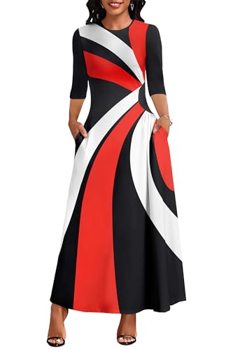 Image of Runwind Maxi Dress for Women with Ruched Waist - Semi-Formal 3 /4 Sleeve Crew Neck Long Dresses for Wedding Guest & Church