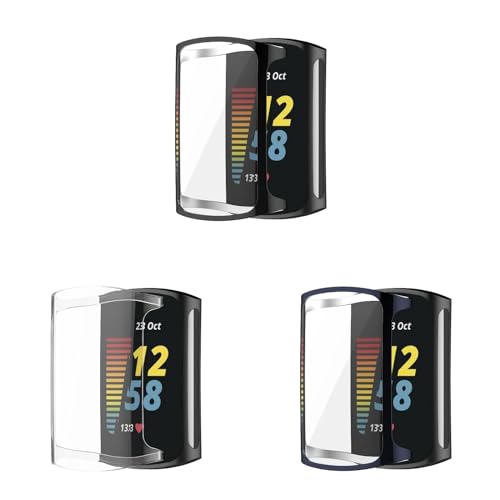 Funda compatible con Fitbit Charge 6, 3 unidades de protector de pantalla de TPU flexible, resistente a los arañazos, carcasa protectora para Fitbit Charge 6/Charge 5 (negro/claro/azul)