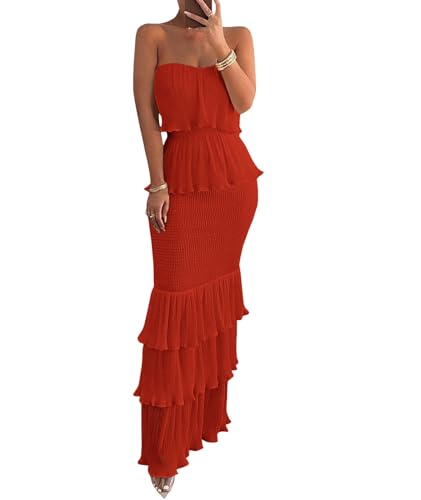 Image of SEMATOMALA Women's Boho Tube Top Tiered Ruffle Slim Fitted Maxi Dress Smocked Vacation Holiday Long Dress