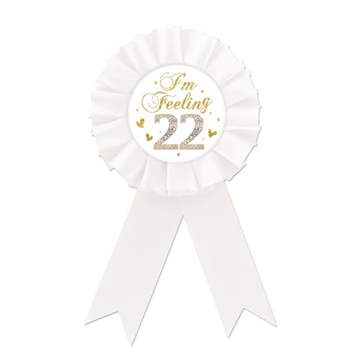 Image of I'm Feeling 22 Tinplate Badge Pin, White Rosette Happy 22nd Birthday Button Pin, Gold Glitter Twenty-Two Years Old Badge Pin for Women, Diamond Brooch Buttons for Twenty Two Birthday Party to Wear