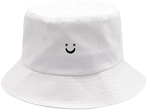 Smile Face Bucket Hat for Men Summer Travel Bucket Beach Sun Hat Embroidery Outdoor Cap for Men Women White