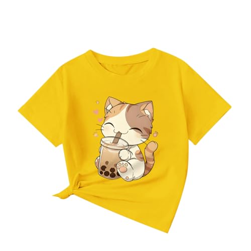 Image of KEEVICI Cute Cat Shirts for Girls Graphic Tees Bubble Tea Tshirt Kids Kawaii Cartoon Animal Print T Shirt Summer Cotton Tops