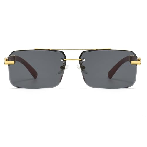 JOVAKIT Trendy Square Sunglasses for Men Women Semi Rimless Frame Shades 90s Vintage Retro Sun Glasses UV400 Protection (Gold/Grey)2