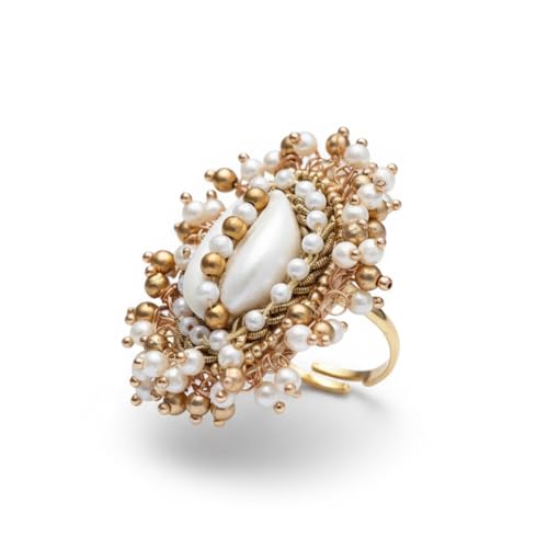 Image of SANJOYA by EVERSTYLISH Embroidered Ring for Women | Shell & Beaded Adjustable Statement Ring | Ethnic Jewelry for Weddings & Festive Occasions