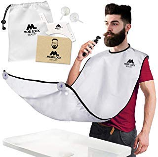 Beard Bib Apron, Beard Shaving Catcher Bib - Trimming Apron and Shaving Cape - For Men (Birthday, Father's Day, Christmas) - with Hooks, Storage box and E-Book - by Mobi Lock
