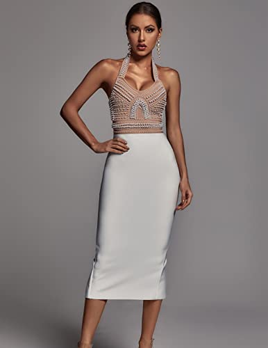Bella Barnett Halter Neck Bandage Dress With Pearl Fashion Beaded Bodycon Dress Sexy Backless Bandage Dress Evening Club Party Dress For Women Beige #TOP4
