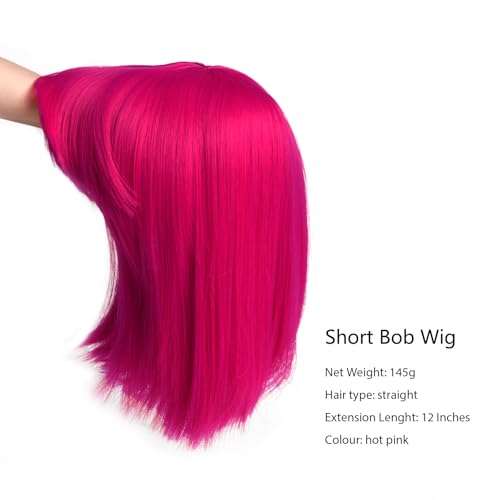 Image of Rose bud Hot Pink Bob Wig with Fringe 12 Inch Short Straight Costume Wigs for Women Cosplay Party Halloween
