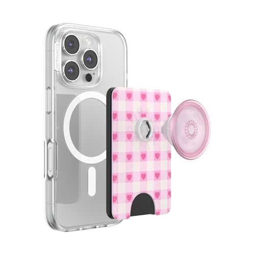 Image of PopSockets Phone Wallet for MagSafe, Phone Card Holder with Grip, Checkered - Blush Gingham