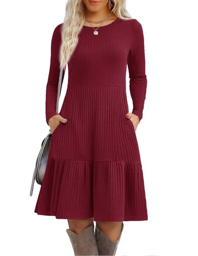 Zeagoo Fall Sweater Midi Dress Casual Long Sleeve Crew Neck Dresses with Pockets Ribbed Knit Knee Length Tunic Dress 2025 Wine Red M