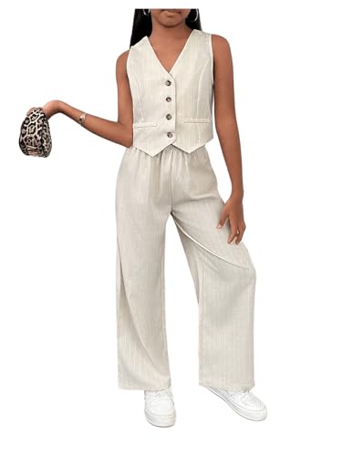 Image of Floerns Girl's 2 Piece Outfit Sleeveless V Neck Blazer Vest and Wide Leg Pants Set