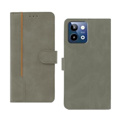 Image of amazon basics Lava Storm Lite 5G Flip Cover | Card Pockets Wallet & Stand | Flip Cover for Lava Storm Lite 5G (Gray with Beige Strip)