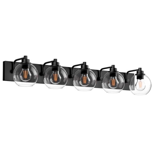 Image of 5 Light Bathroom Light Fixtures-Matte Black Bathroom Vanity Lights, Modern Vanity Lights 5-Light Bathroom Lighting Fixtures Over Mirror with Clear Glass Globe Shade