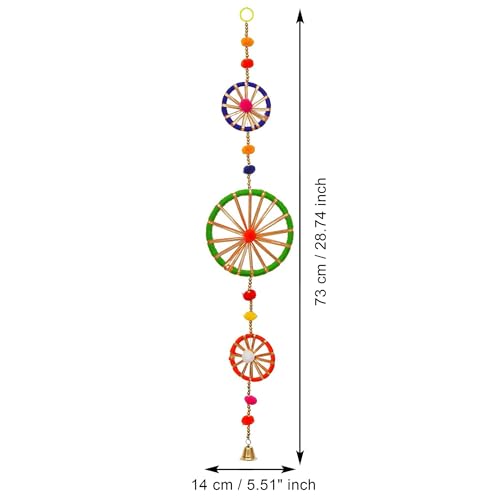 Image of eCraftIndia Multicolor Rings with Pom-Pom Tassels Bell Hangings (Pack of 4) Wall /Door Hangings, Toran for Home Decor - Ganesh Chaturthi, Navratri, and Diwali Decoration Items.