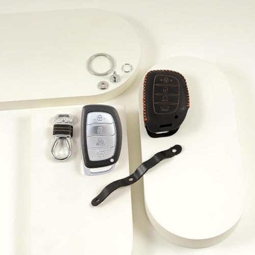 Image of Leather Smart Car Key Cover Case with Key Chain for Tucson, I-20 (2021), Creta, Venue, Elantra (Black)