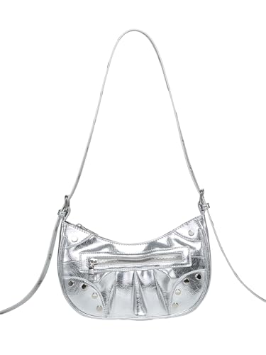 GORGLITTER Bolsa de ombro feminina metálica, decoração cravejada, bolsa Hobo, alça ajustável, bolsa de ombro de couro sintético, Prata, One Size