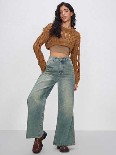 CIDER Cropped Sweaters for Women Knit Round Neckline Hollow Out Long Sleeve Crop Top Sweaters3