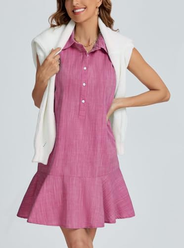 Image of Women Sleeveless Mini Dress Button Down Shirt Dress V Neck Reffle Hem Cotton Linen Tunic Short Dress