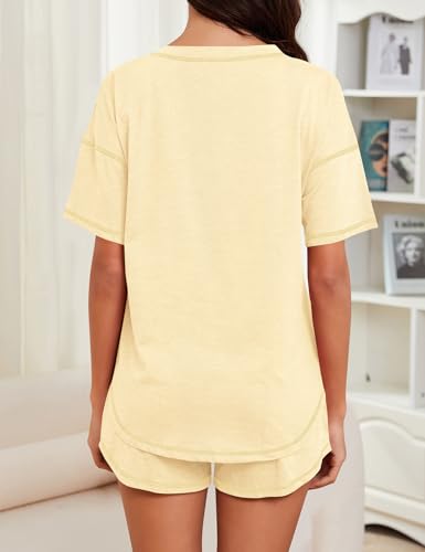 Image of KCW Pajamas for Women Set 2 Piece 100% Cotton Lounge Sets Short Sleeve Top and Shorts Pj Set Sleepwear Outfits