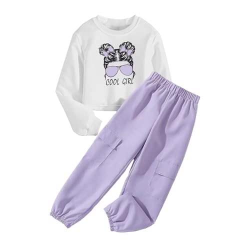 Girls Spring 2 Piece Outfits, Long Sleeve Sweatshirt Pullover Tops and Cargo Pants Elastic Waist Casual Jogger Pants