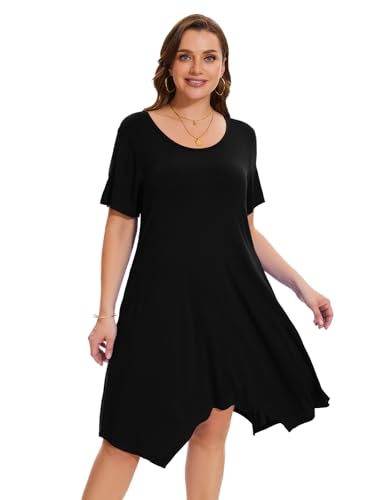Image of ZENNILO Plus Size Tshirt Dress with Pockets Casual Summer Dresses Crew Neck Short Sleeve Swing Dress for Women