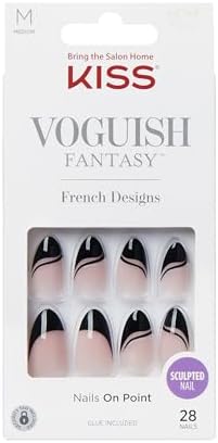 KISS Voguish Fantasy, Press On Nails, Nail glue included, 'Magnifique', Black, Medium Size, Almond Shape, Includes 28 Nails, 2g glue, 1 Manicure Stick, 1 Mini File