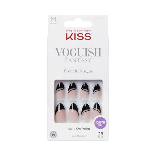 KISS Voguish Fantasy, Press On Nails, Nail glue included, 'Magnifique', Black, Medium Size, Almond Shape, Includes 28 Nails, 2g glue, 1 Manicure Stick, 1 Mini File