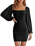 MASCOMODA Women Elegant Square Neck Lantern Long Sleeve Mini Ruched Bodycon Dress Stretch Mesh Slim Party Cocktail Dresses(Small,Black)