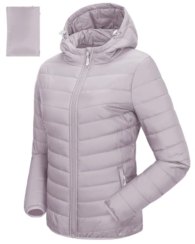 33,000ft Chaqueta acolchada ligera para mujer, repelente al agua, cálida, plegable, con capucha, chaqueta acolchada de transición para senderismo, escalada, Rosa grisáceo, S
