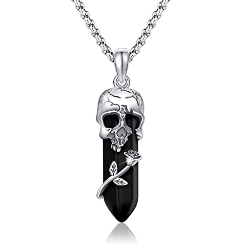 Image of S925 Sterling Silver Skull Pendant Necklace Heart Crystal Birthstone Skull Necklace Gothic Jewlery Gifts