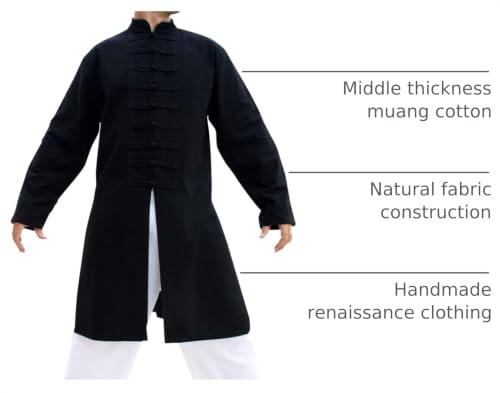 Image of Chinese Collar Mens Long Naval Jacket Many Button Tai Chi Cotton