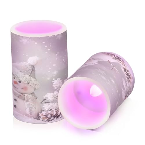 Image of Christmas Lights Flameless Candles Snowman Pine Cones Snowflake Pillar Candles Set of 2 Battery Operated Remote Control Warm Lights Home Decor